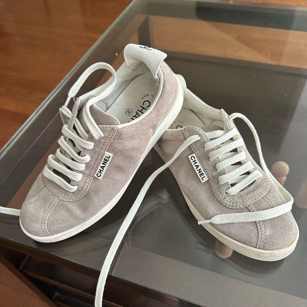 CHANEL White and Tan Sneakers Minimalist Design